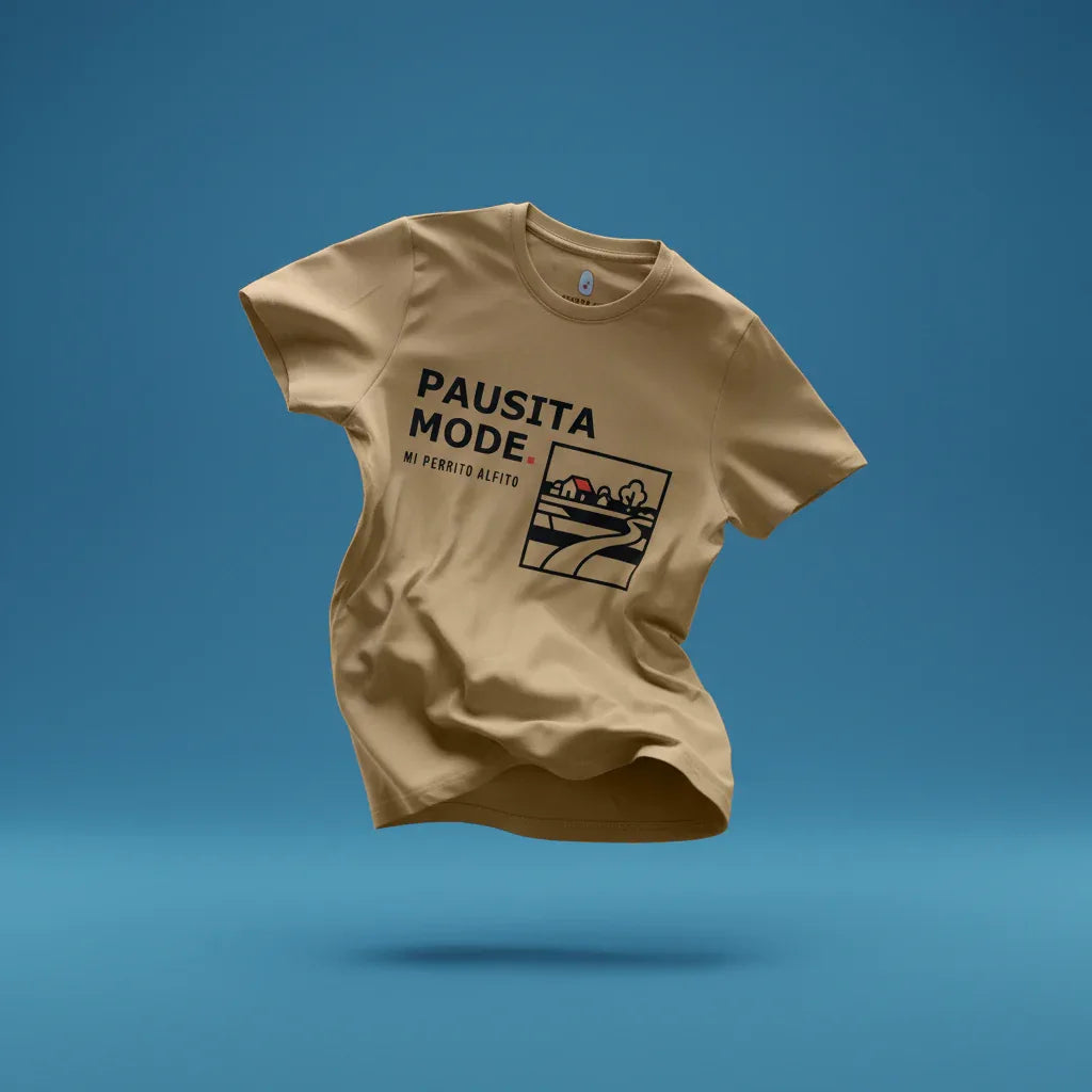 Beige t-shirt with 'PAUSITA MODE' text and graphic on a blue background