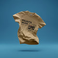 Beige t-shirt with 'PAUSITA MODE' text and graphic on a blue background