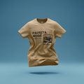 Beige t-shirt with 'PAUSITA MODE' graphic design on a blue background