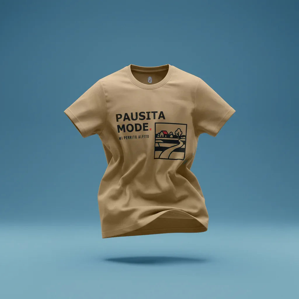 Beige t-shirt with 'PAUSITA MODE' graphic design on a blue background