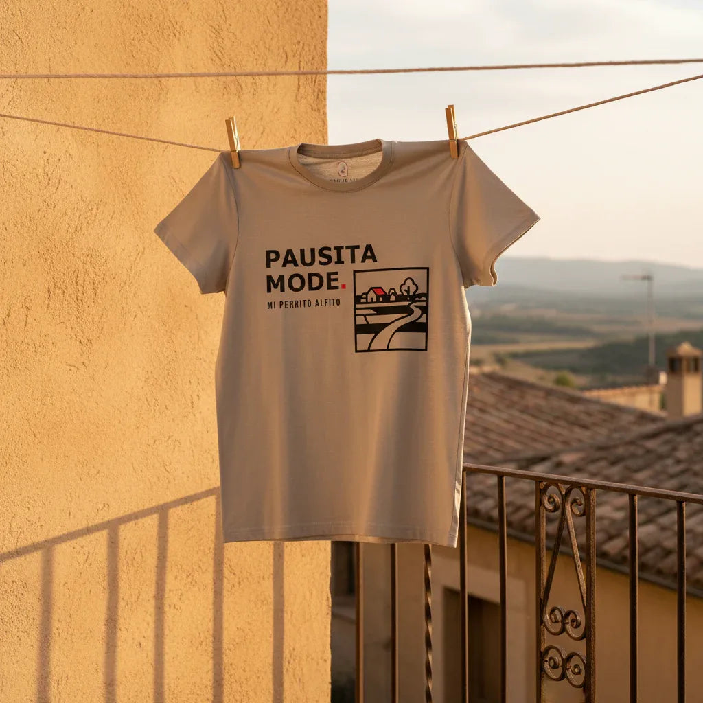 T-shirt with 'PAUSITA MODE' text and graphic on a clothesline with a scenic background