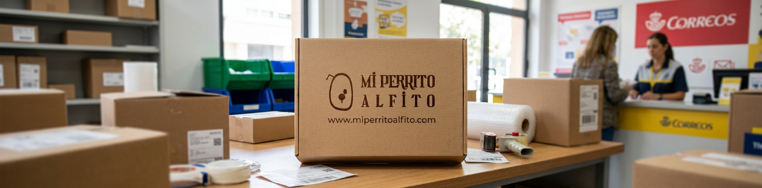 Cardboard box with 'Mi Perro Alfito' branding on a desk in a warehouse setting with people and boxes in the background.